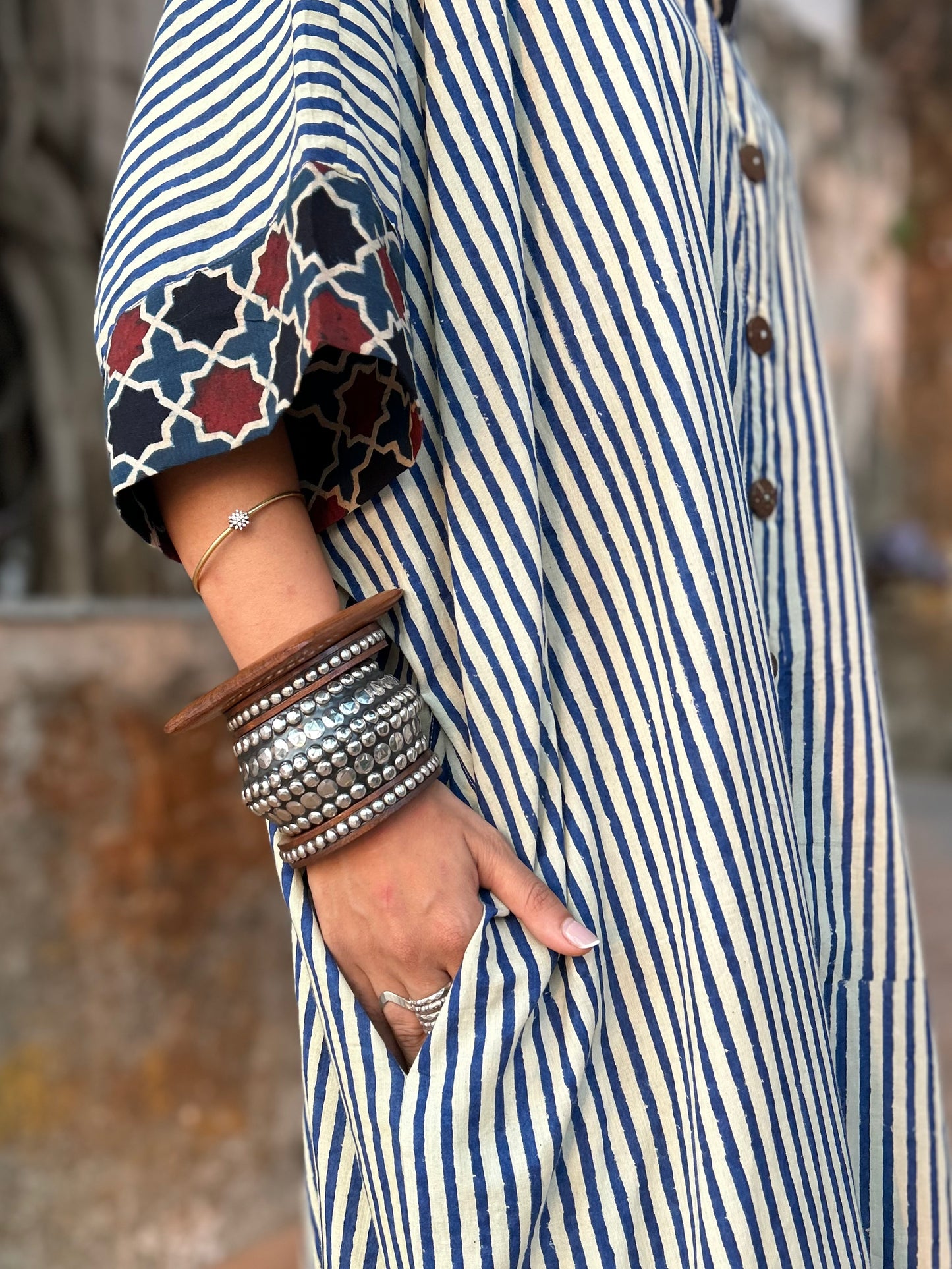 Blueberry Striped Cotton Kaftan Dress