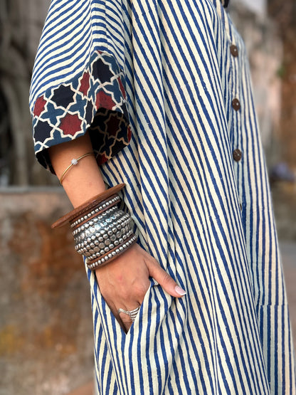 Blueberry Striped Cotton Kaftan Dress