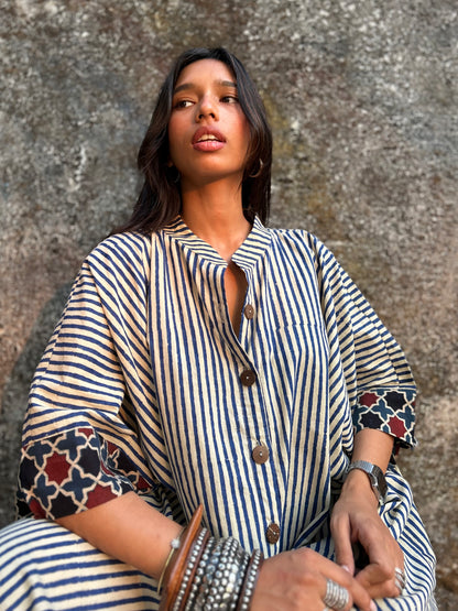 Blueberry Striped Cotton Kaftan Dress