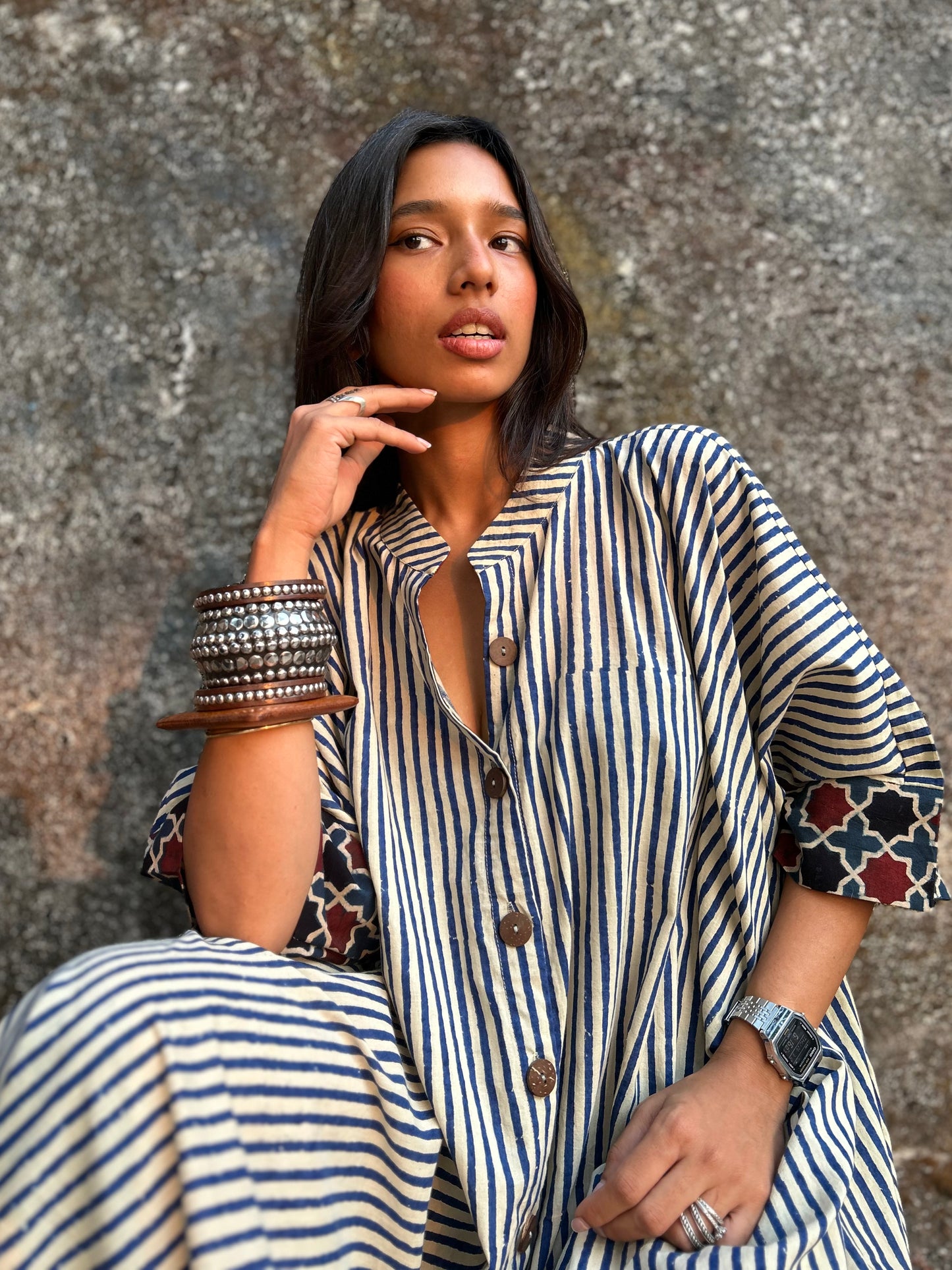 Blueberry Striped Cotton Kaftan Dress