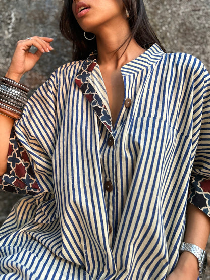 Blueberry Striped Cotton Kaftan Dress