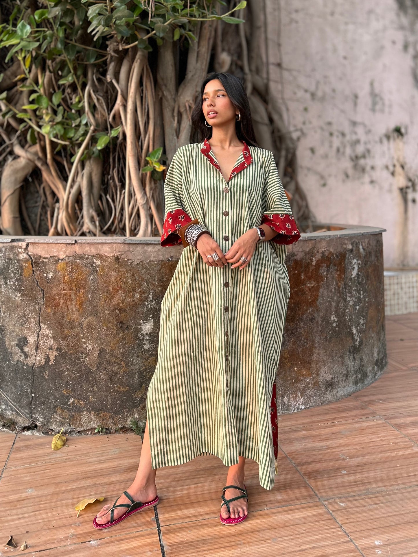 Pistachio Green Striped Cotton Kaftan Dress