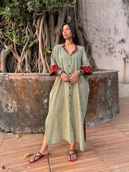 Pistachio Green Striped Cotton Kaftan Dress
