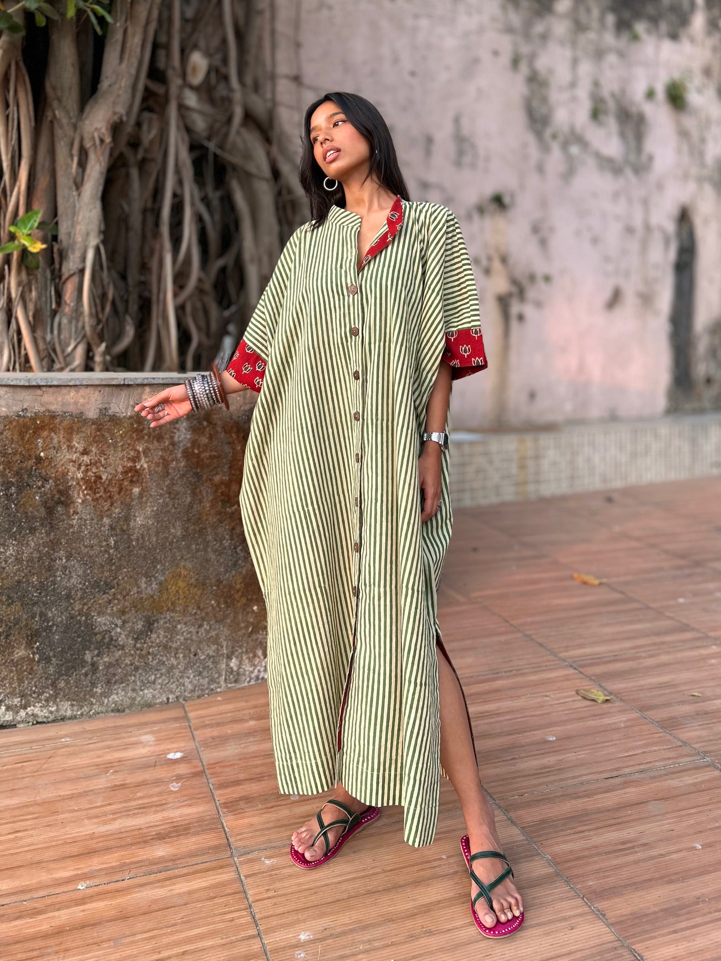 Pistachio Green Striped Cotton Kaftan Dress