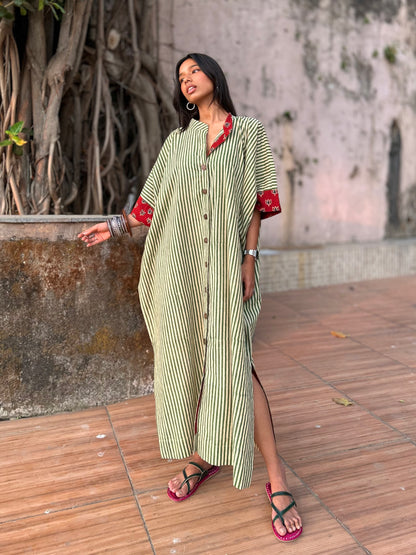 Pistachio Green Striped Cotton Kaftan Dress