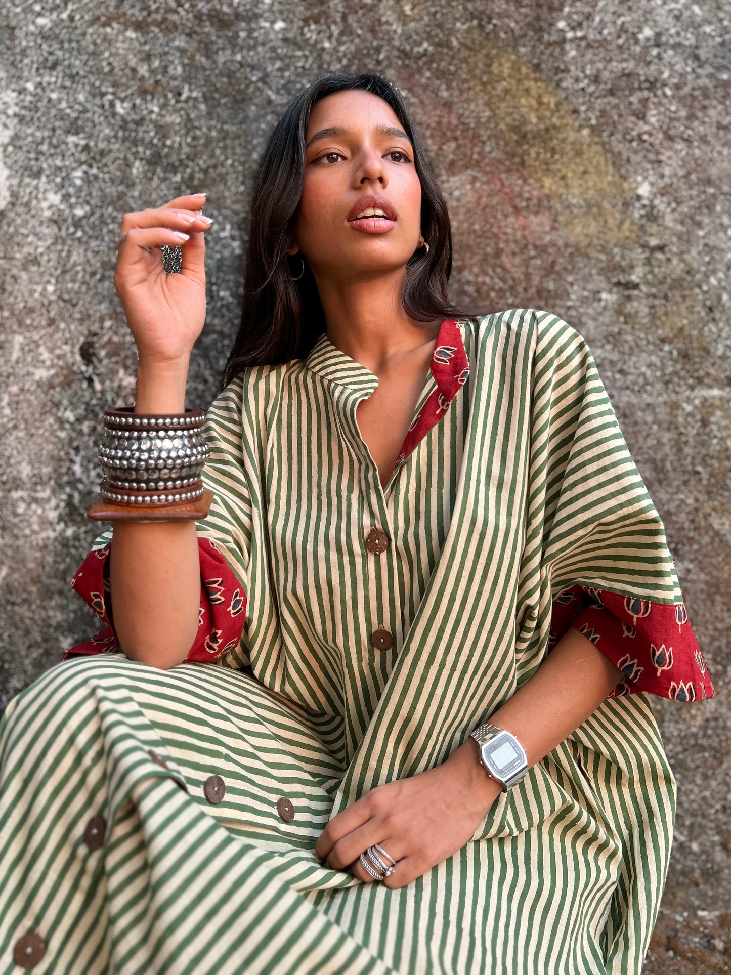 Pistachio Green Striped Cotton Kaftan Dress