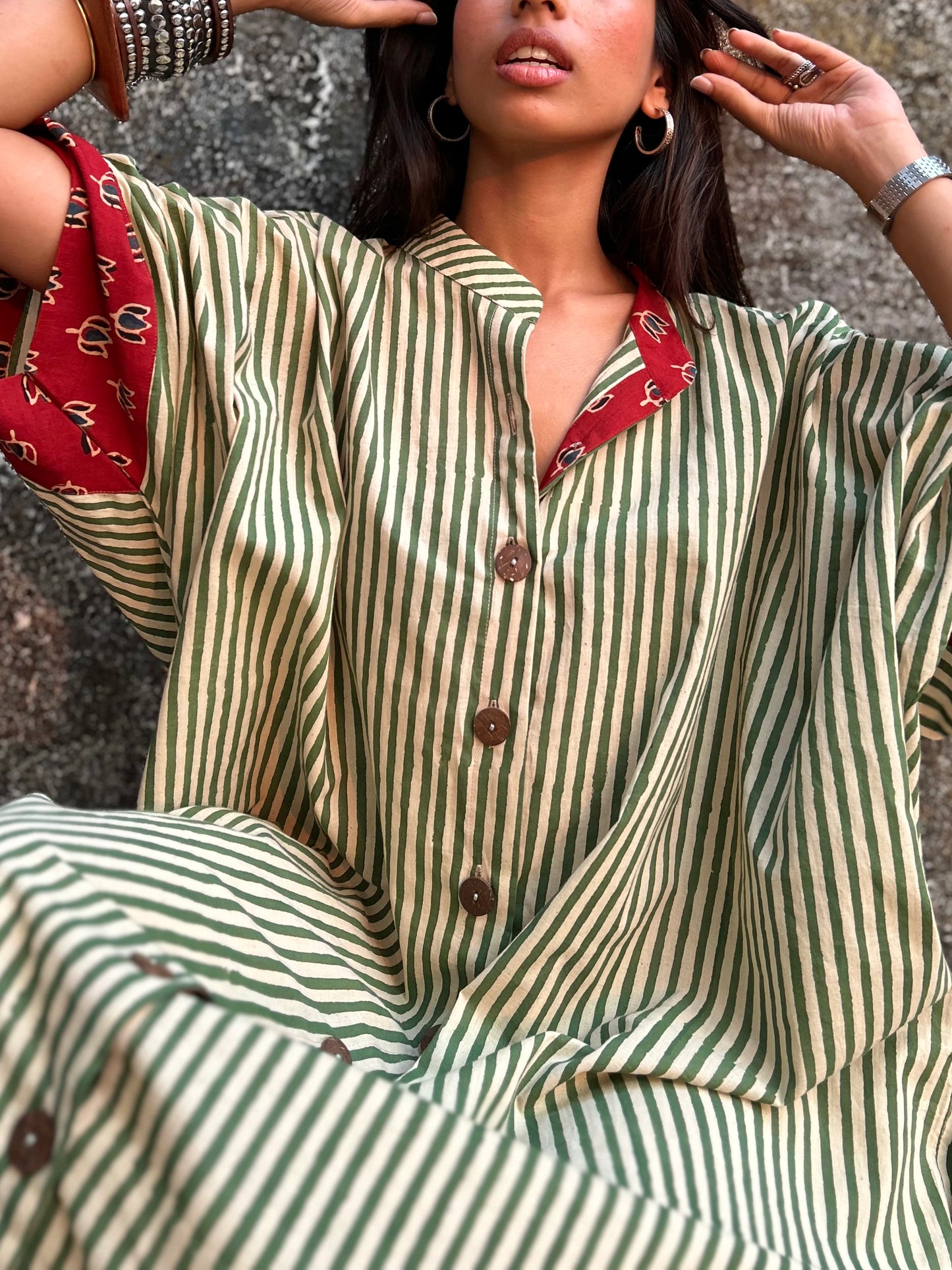 Pistachio Green Striped Cotton Kaftan Dress