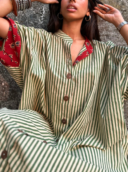 Pistachio Green Striped Cotton Kaftan Dress