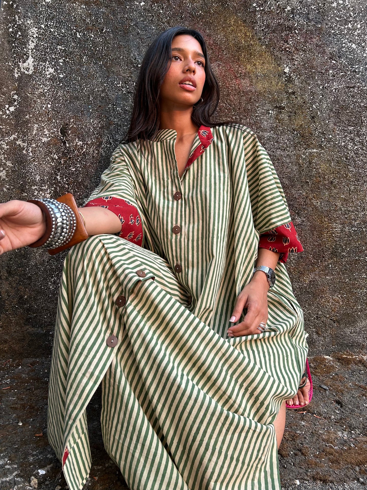 Pistachio Green Striped Cotton Kaftan Dress