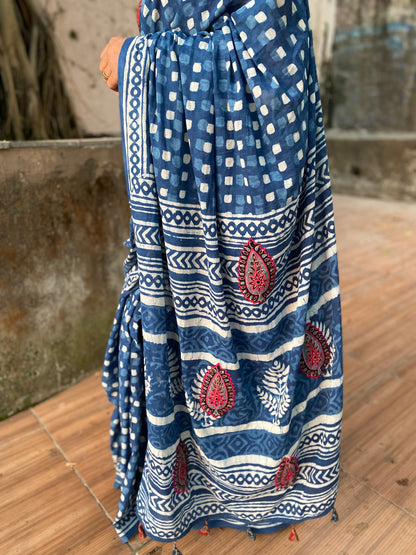 Polka Indigo Mul Cotton saree