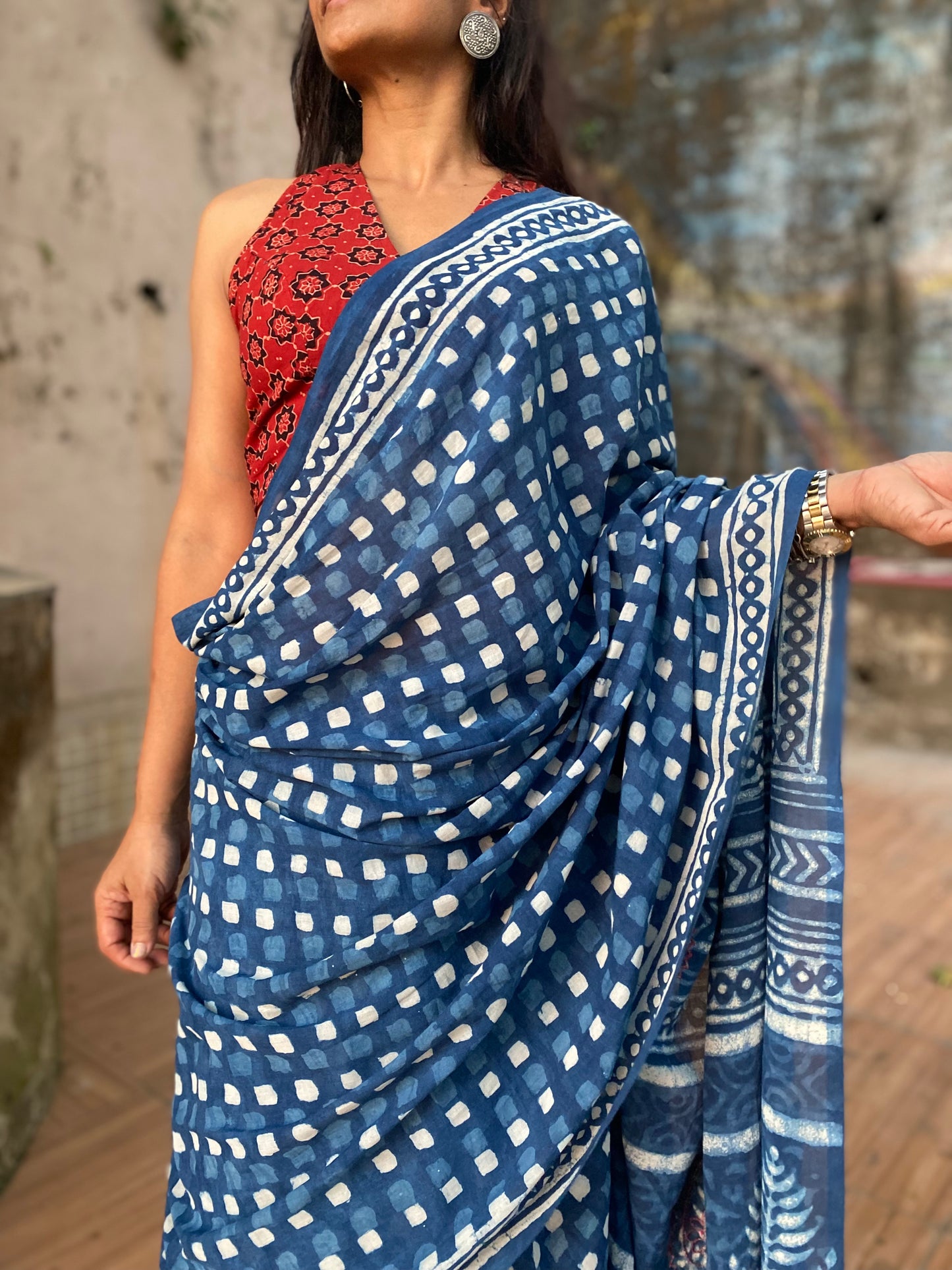 Polka Indigo Mul Cotton saree