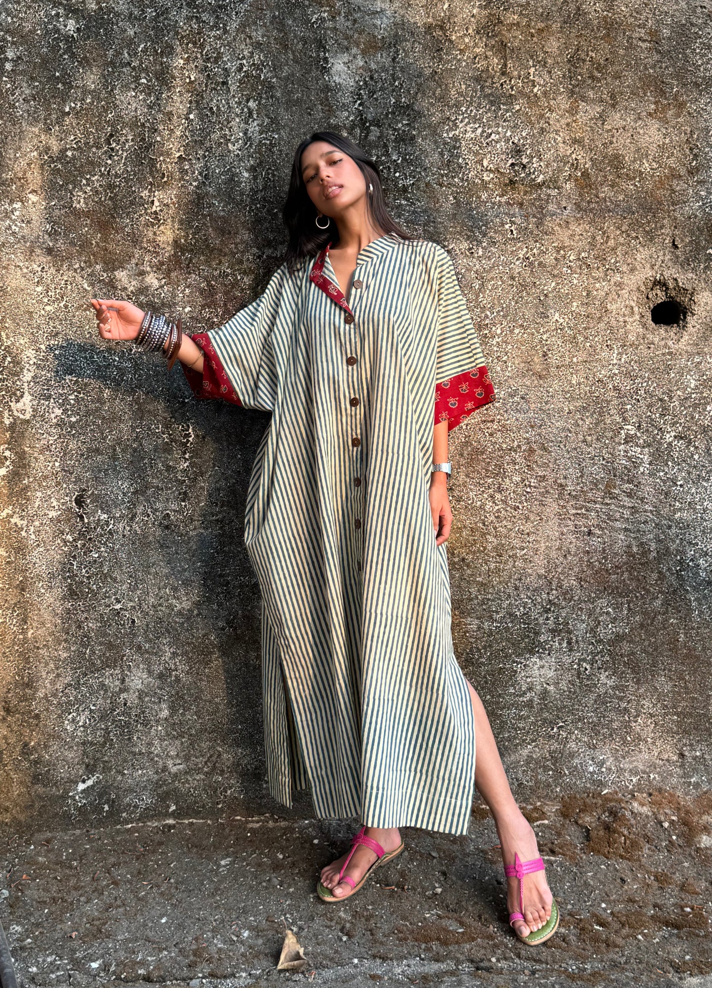 Teal Striped Cotton Kaftan Dress