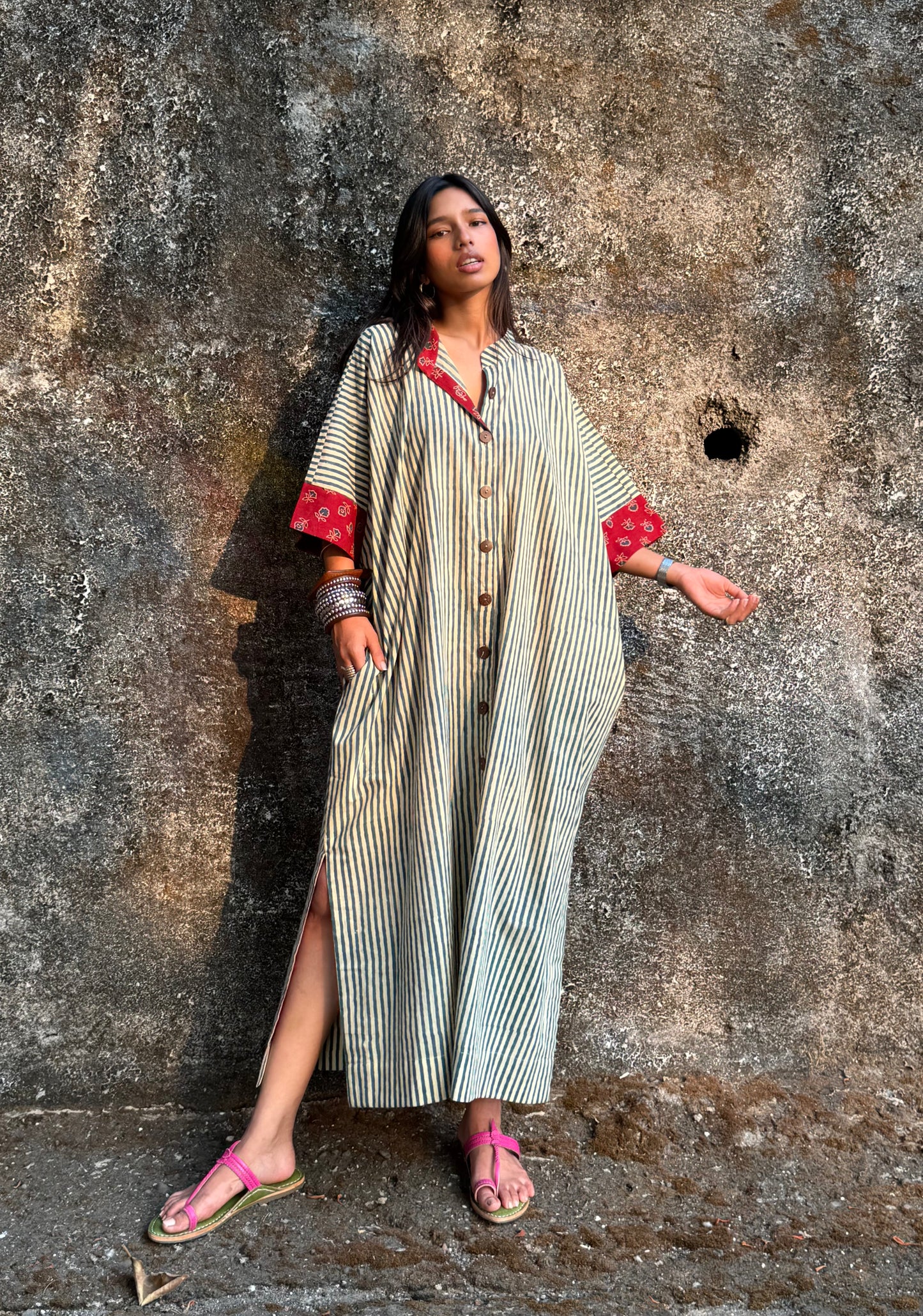 Teal Striped Cotton Kaftan Dress