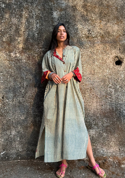 Teal Striped Cotton Kaftan Dress