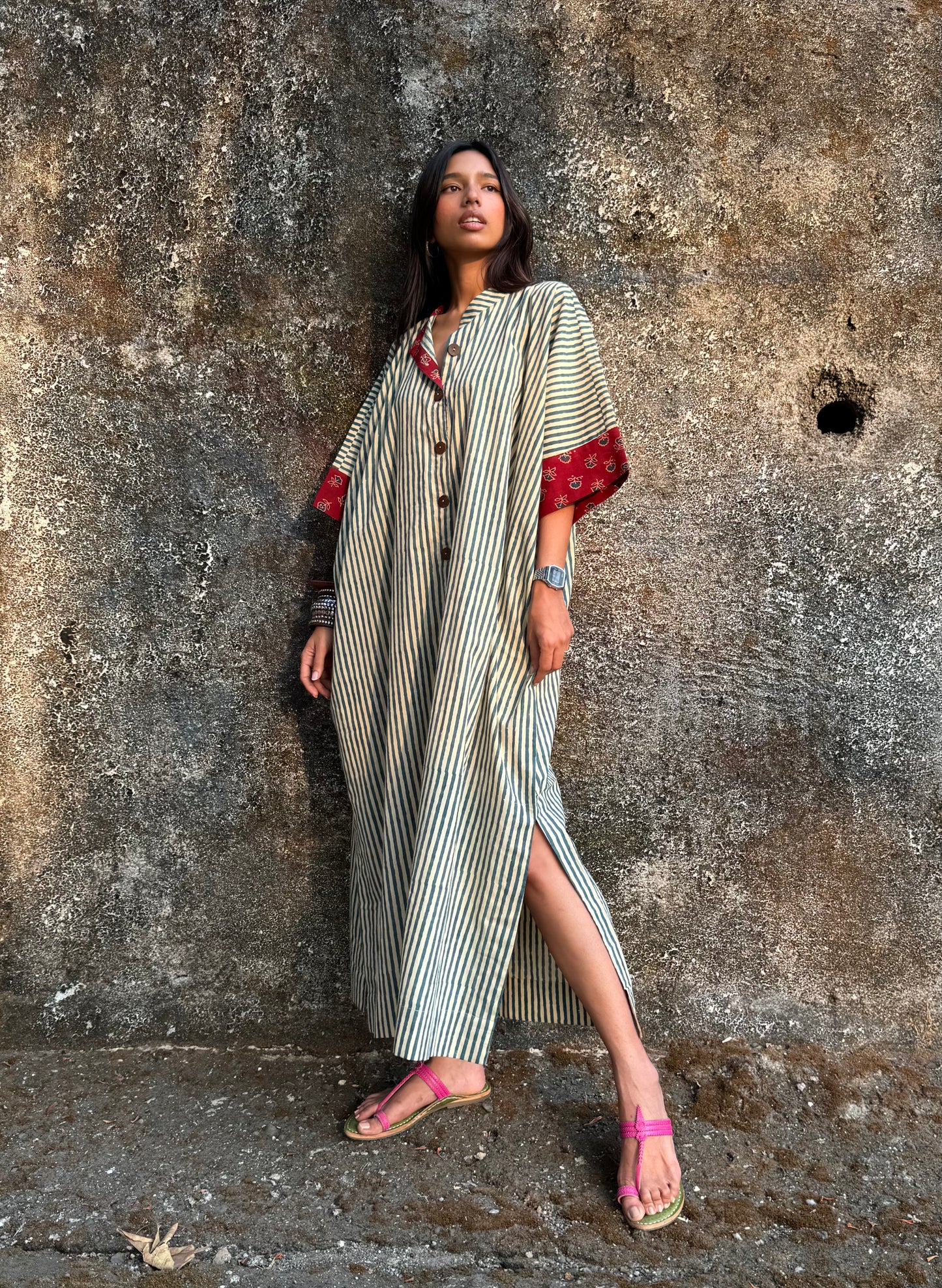 Teal Striped Cotton Kaftan Dress