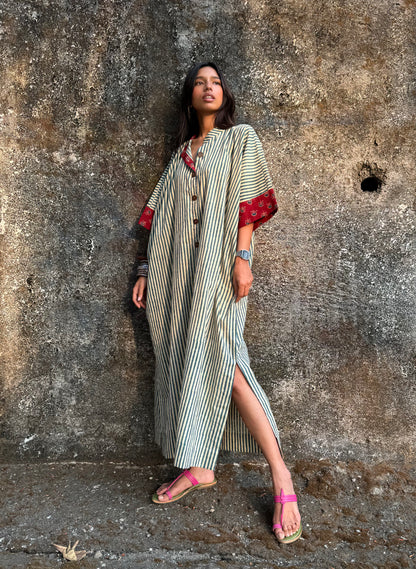 Teal Striped Cotton Kaftan Dress