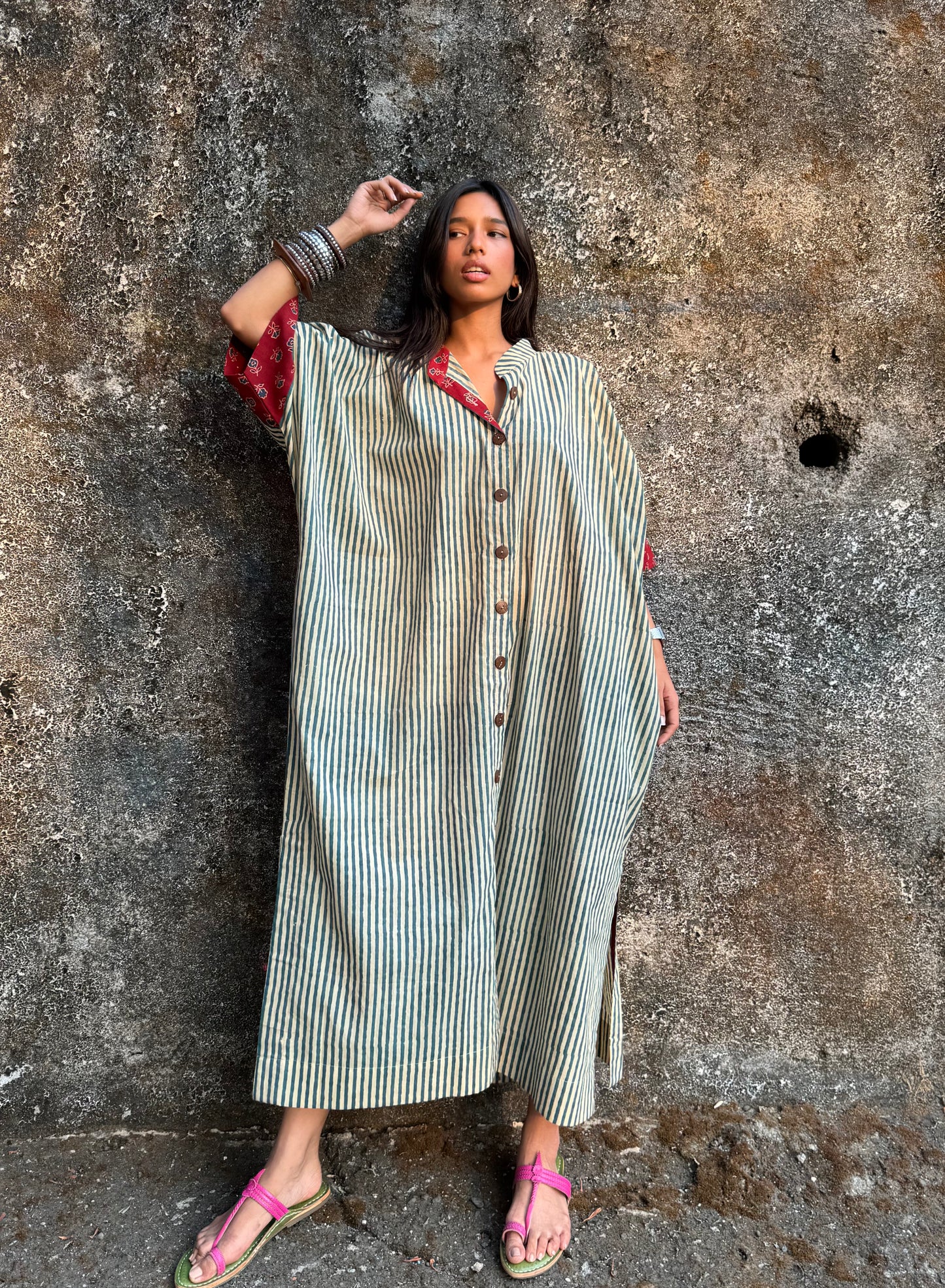 Teal Striped Cotton Kaftan Dress