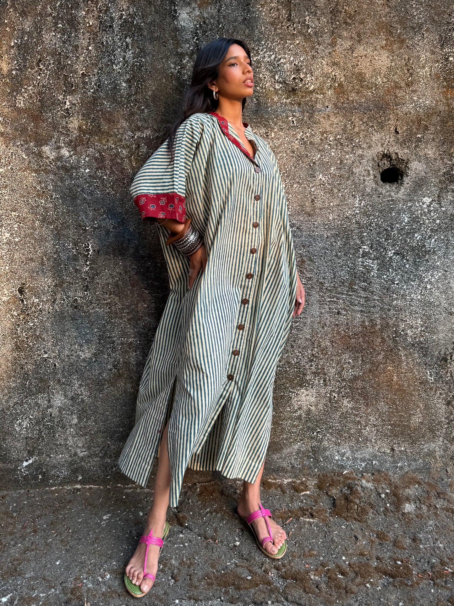 Teal Striped Cotton Kaftan Dress