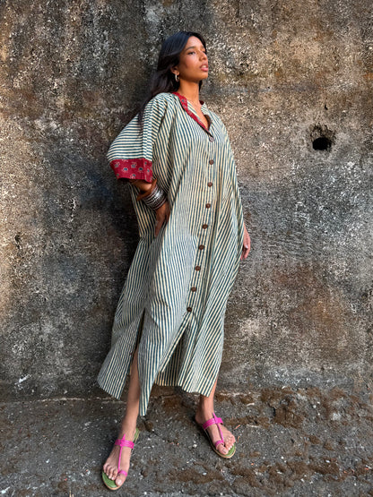 Teal Striped Cotton Kaftan Dress