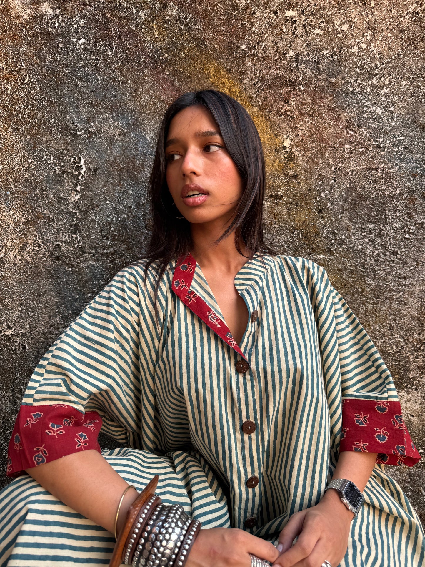 Teal Striped Cotton Kaftan Dress