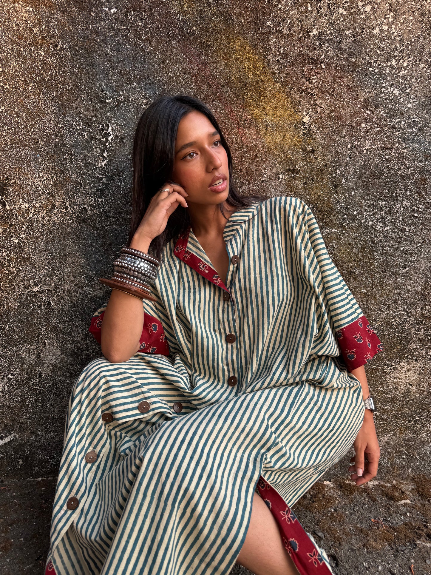 Teal Striped Cotton Kaftan Dress