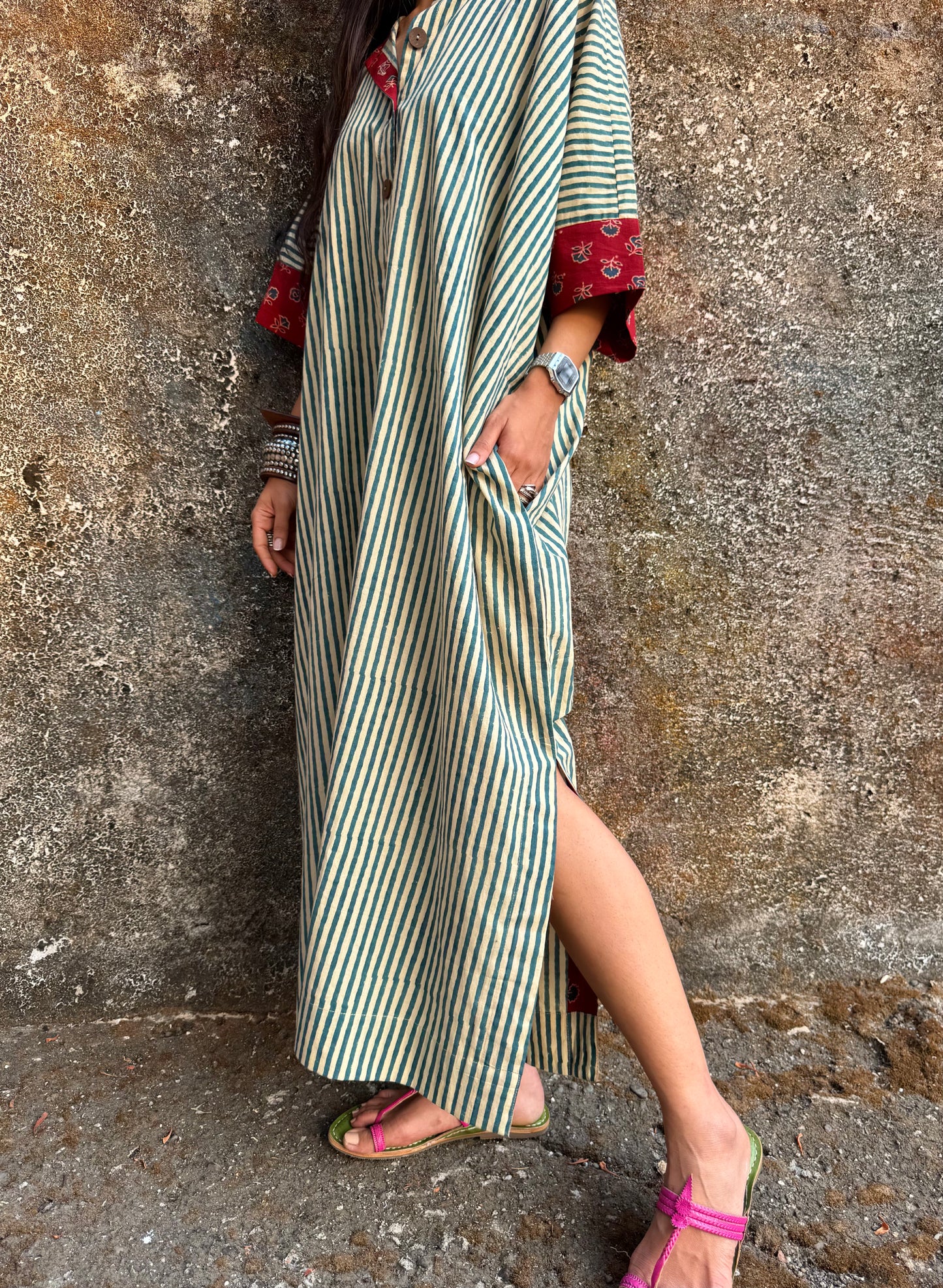 Teal Striped Cotton Kaftan Dress