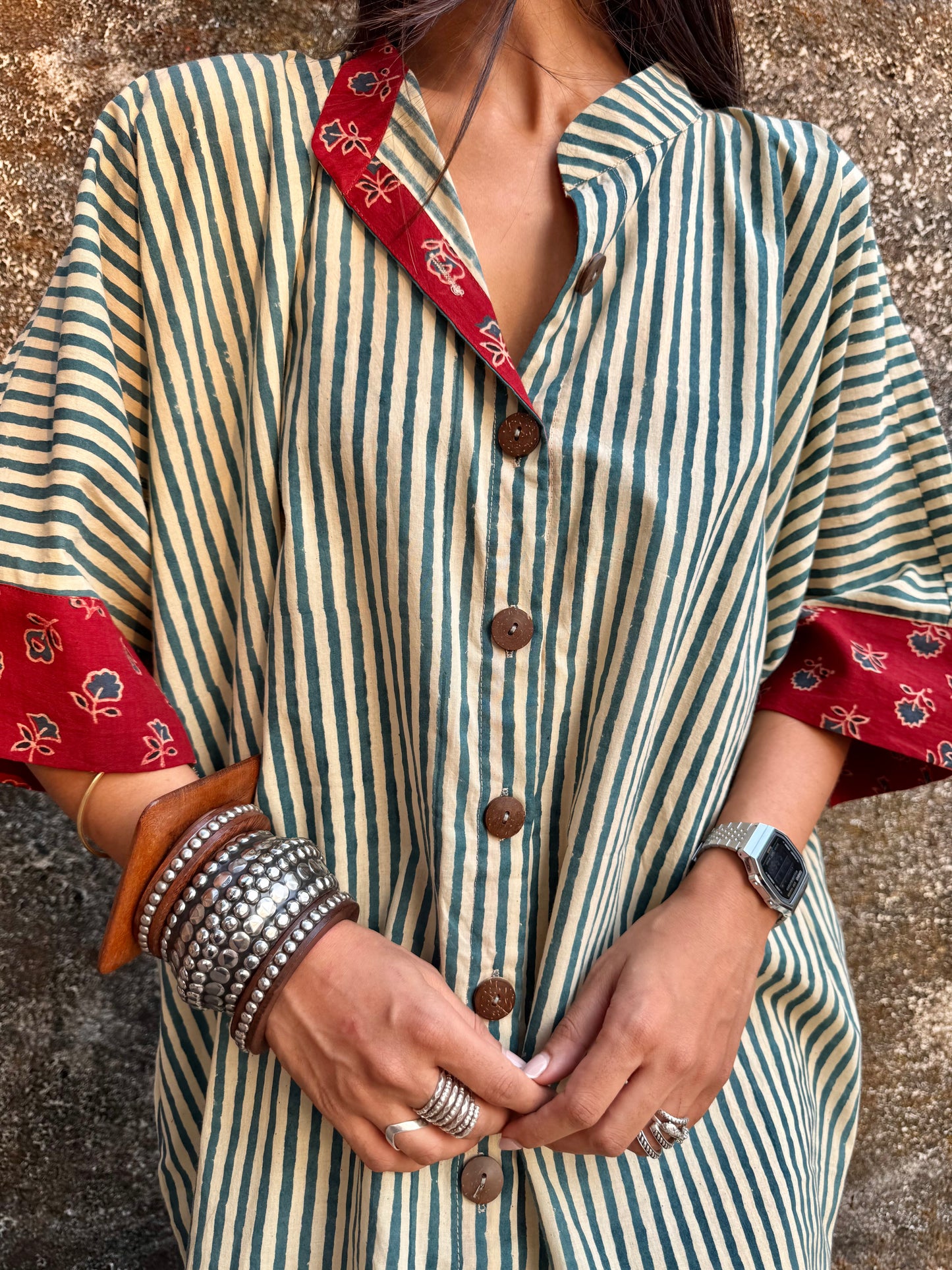 Teal Striped Cotton Kaftan Dress