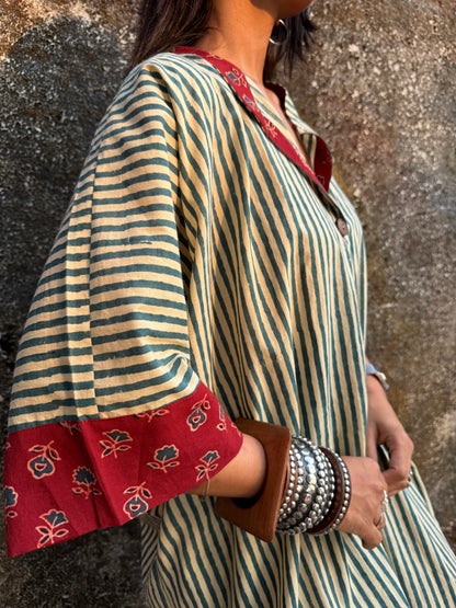 Teal Striped Cotton Kaftan Dress