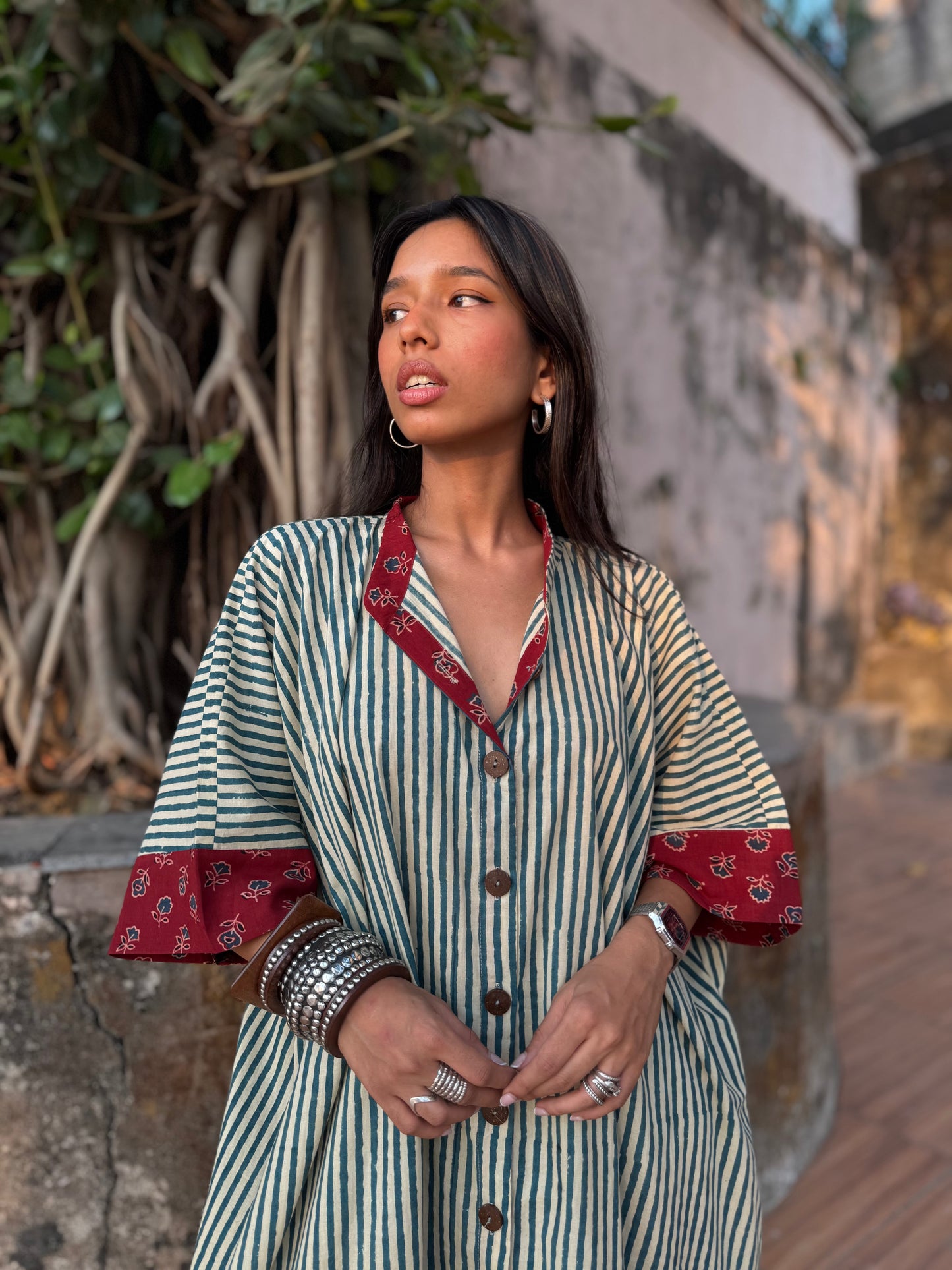 Teal Striped Cotton Kaftan Dress