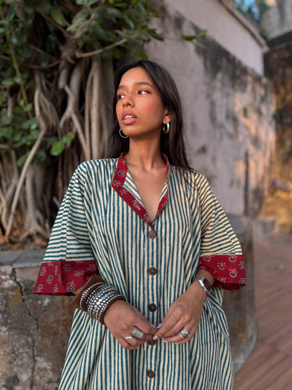 Teal Striped Cotton Kaftan Dress
