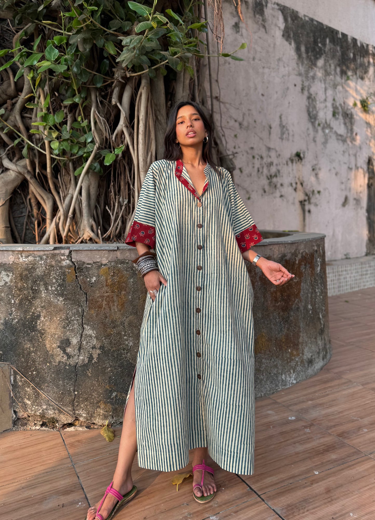 Teal Striped Cotton Kaftan Dress
