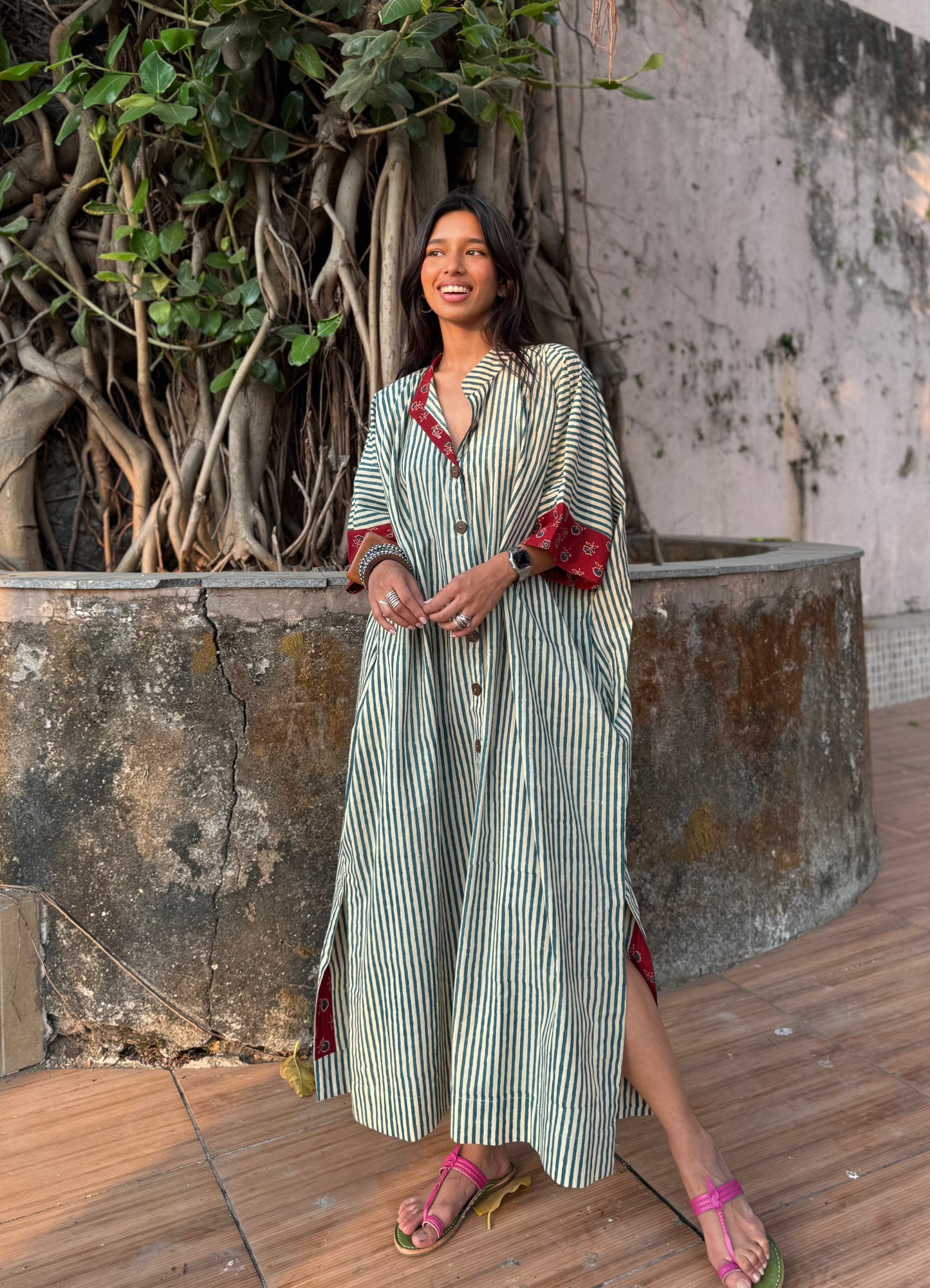 Teal Striped Cotton Kaftan Dress