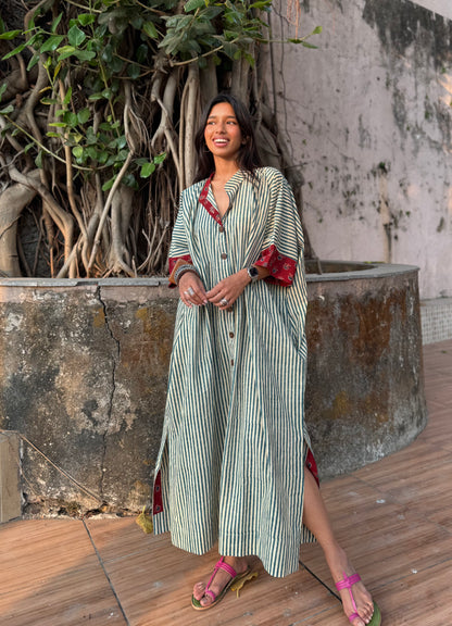 Teal Striped Cotton Kaftan Dress
