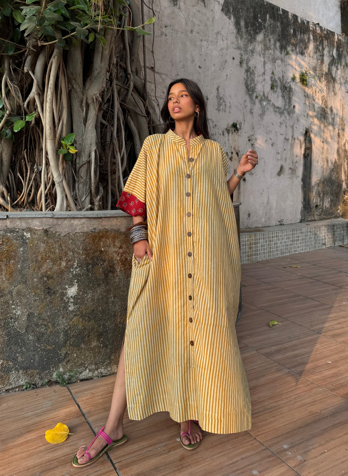 Lemon Striped Cotton Kaftan Dress