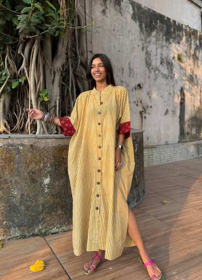 Lemon Striped Cotton Kaftan Dress