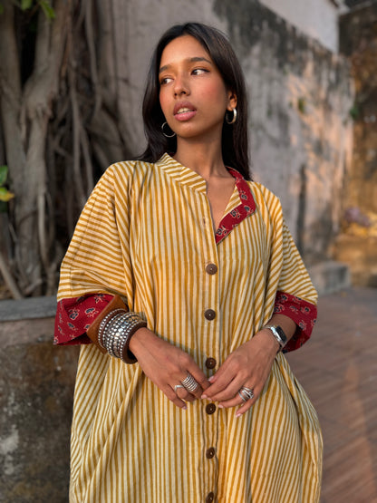 Lemon Striped Cotton Kaftan Dress