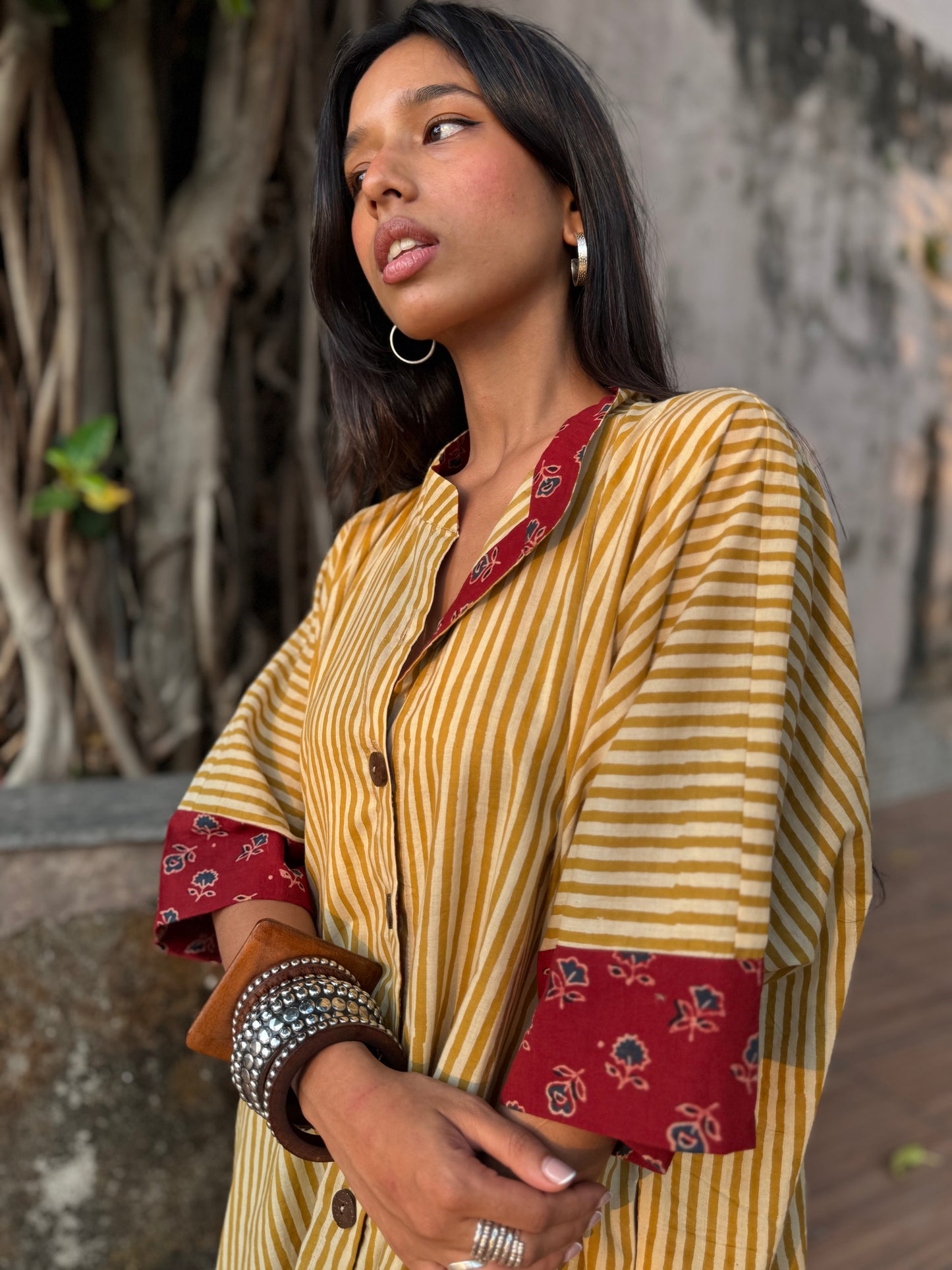 Lemon Striped Cotton Kaftan Dress