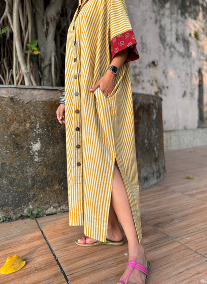 Lemon Striped Cotton Kaftan Dress