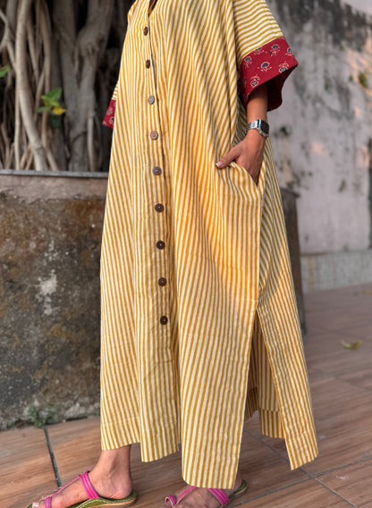 Lemon Striped Cotton Kaftan Dress