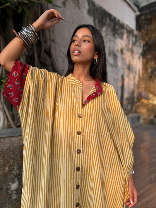 Lemon Striped Cotton Kaftan Dress