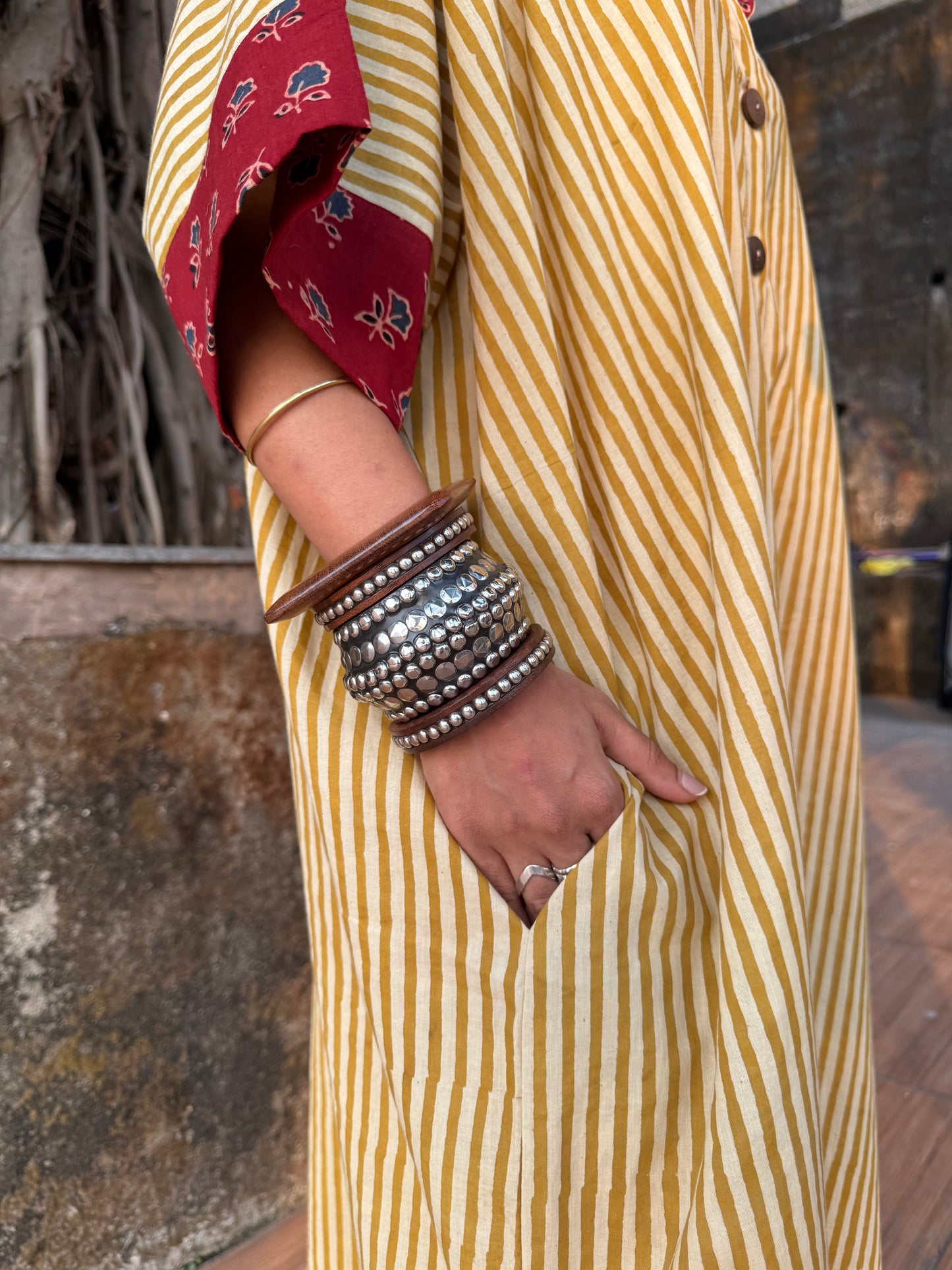 Lemon Striped Cotton Kaftan Dress