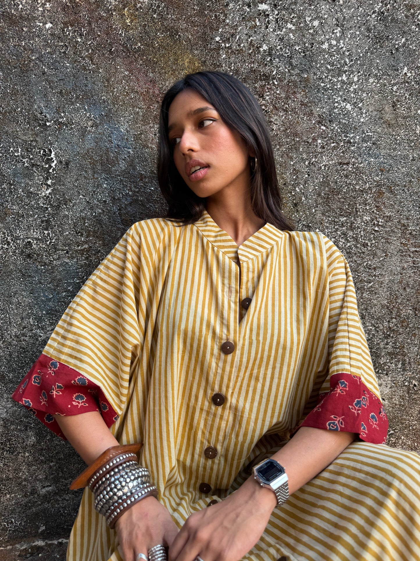 Lemon Striped Cotton Kaftan Dress