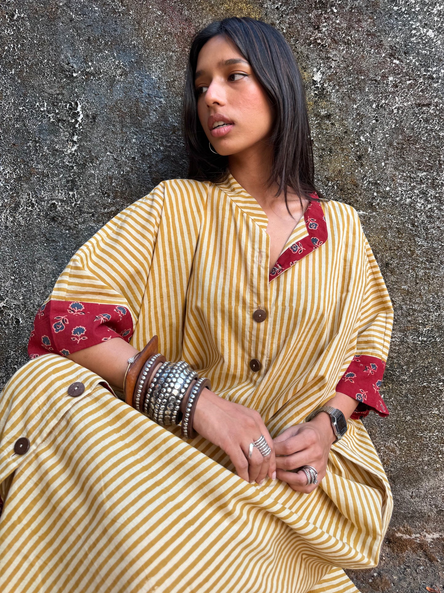 Lemon Striped Cotton Kaftan Dress
