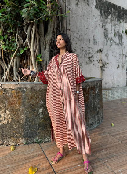 Cherry Striped Cotton Kaftan Dress