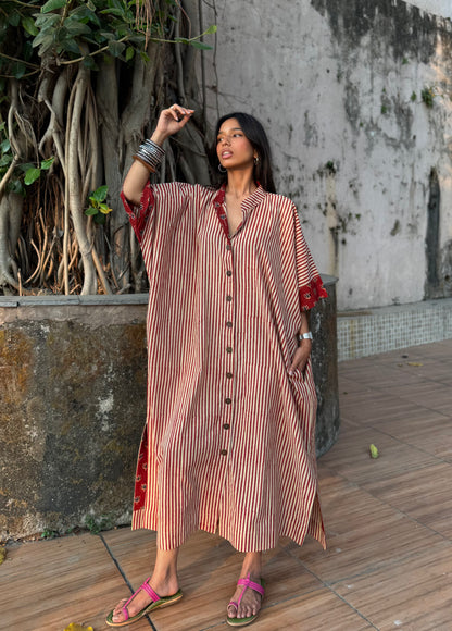 Cherry Striped Cotton Kaftan Dress