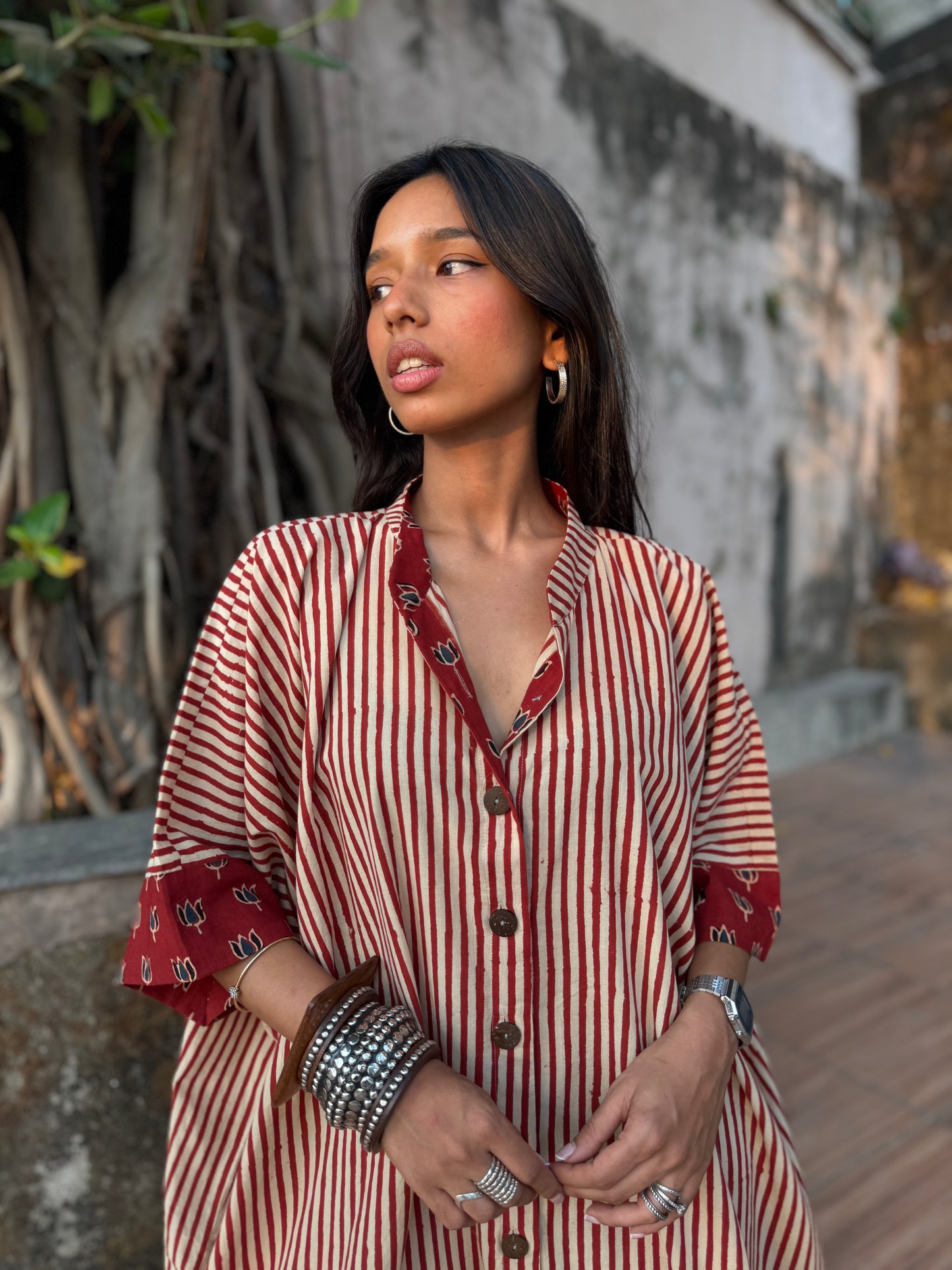 Cherry Striped Cotton Kaftan Dress
