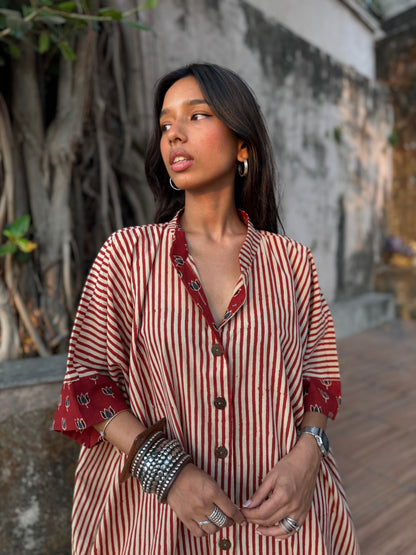 Cherry Striped Cotton Kaftan Dress