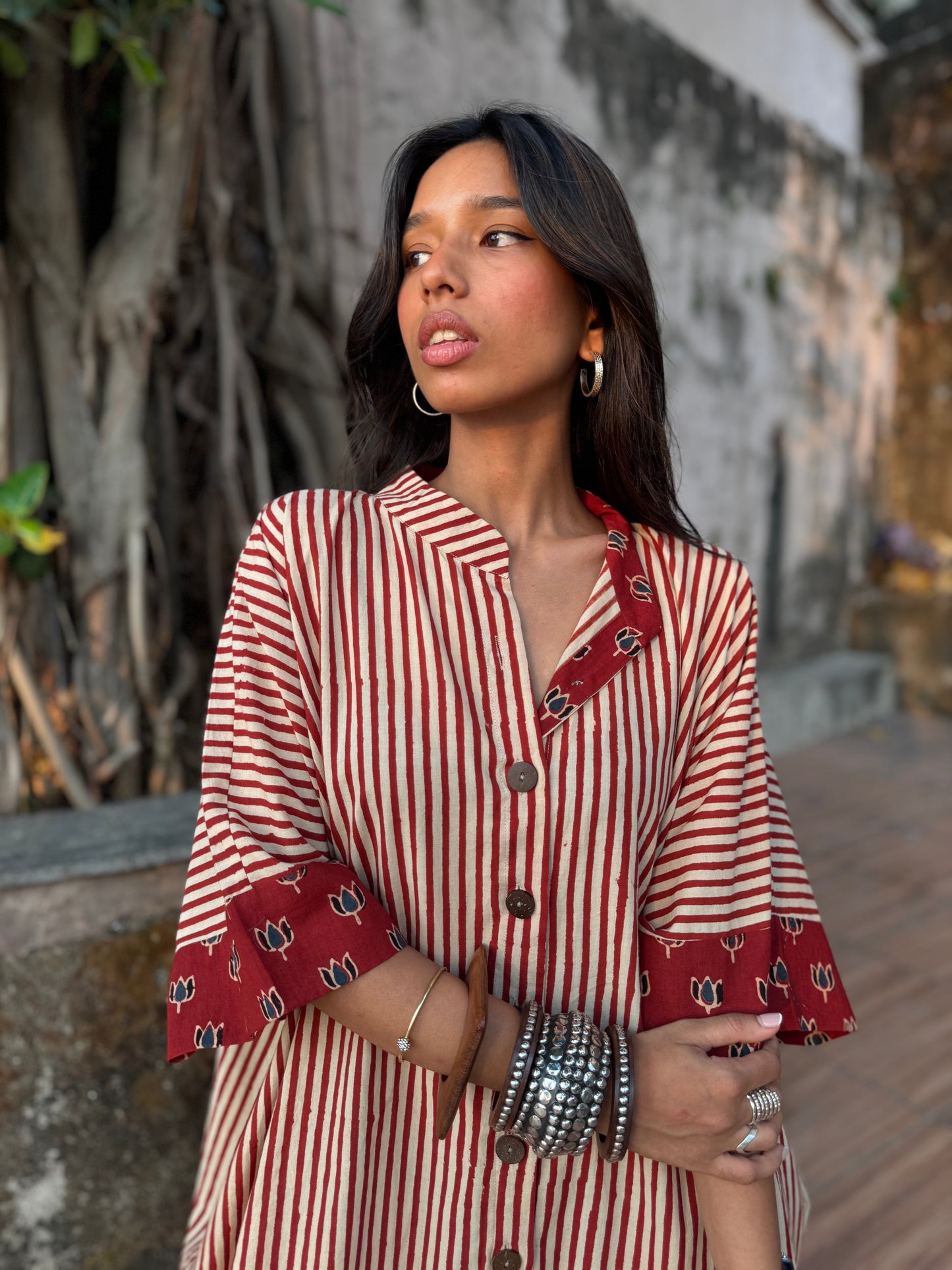Cherry Striped Cotton Kaftan Dress