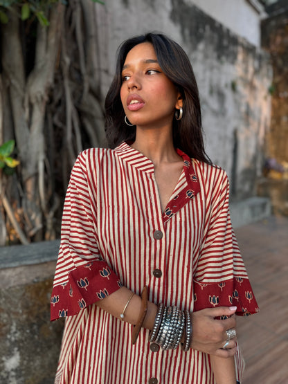 Cherry Striped Cotton Kaftan Dress