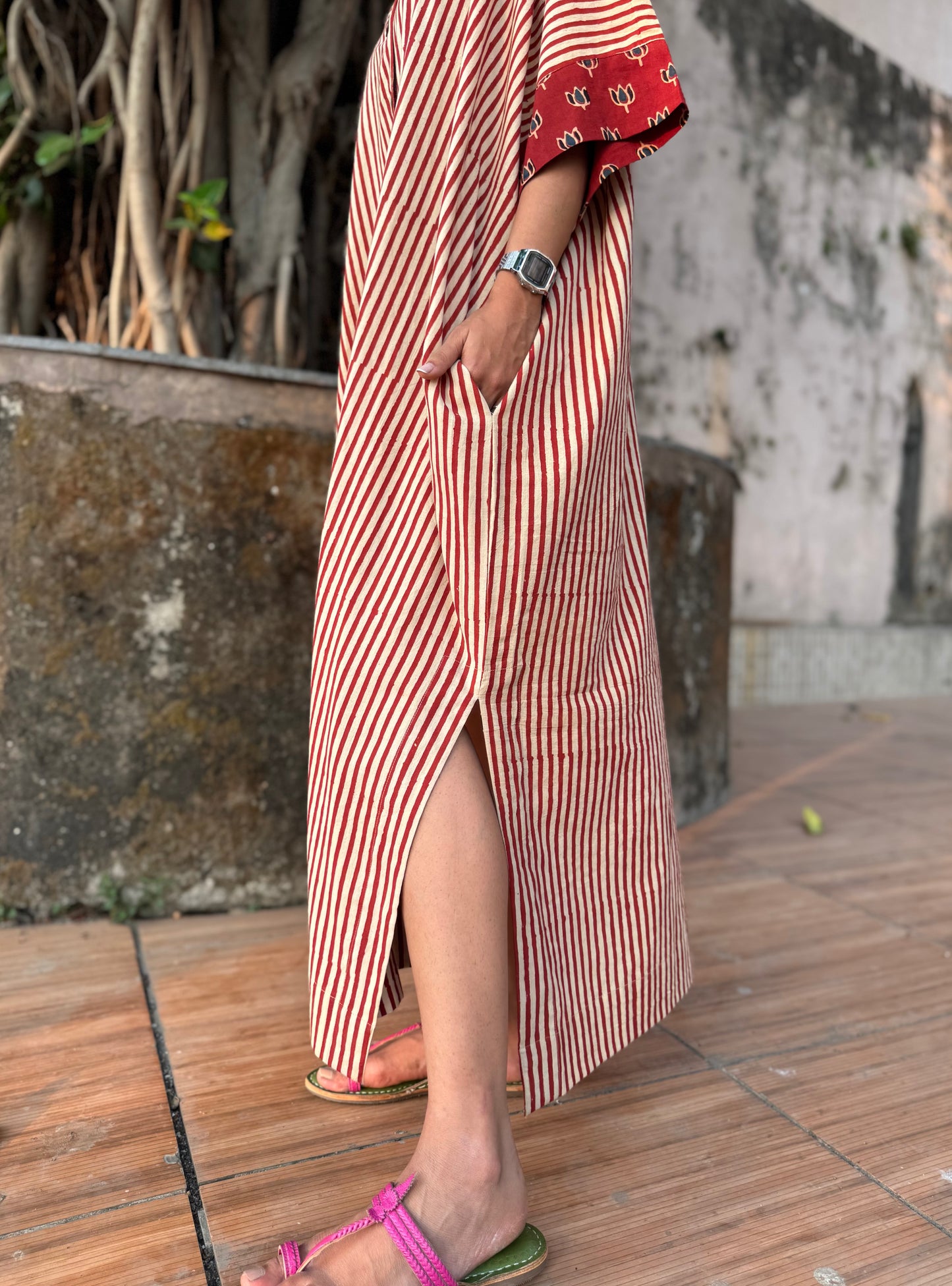Cherry Striped Cotton Kaftan Dress